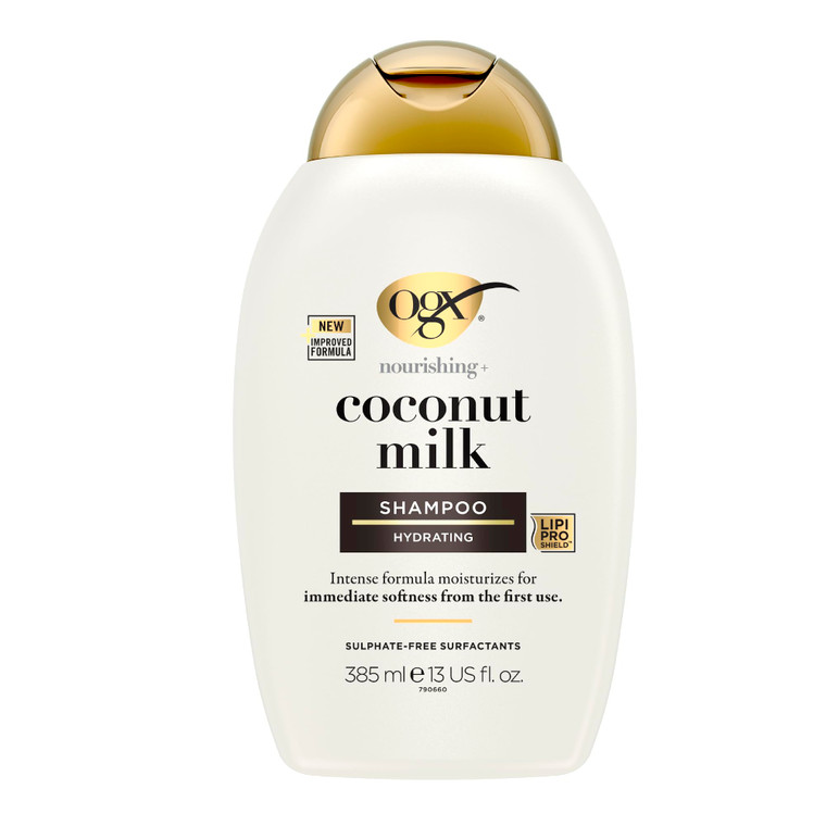 OGX Nourishing + Coconut Milk Moisturizing Shampoo, Hydrating & Restoring Shampoo Moisturizes for Soft Hair After the First Use, Paraben-Free, Sulfat