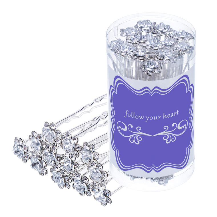 eBoot 40 Pack Crystal Hair Pins Rose Flower Rhinestone Hair Clips for Bridal Wedding Women Hair Jewelry Accessories, with Storage Bag (White)