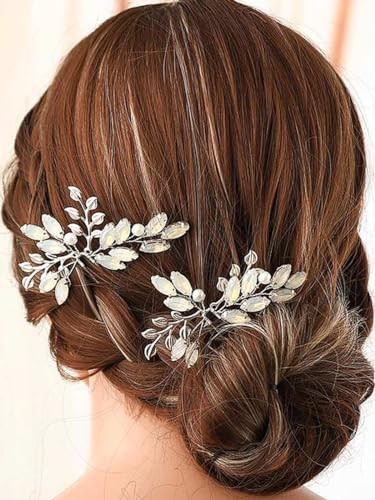 Brishow Leaf Bride Wedding Hair Pins Silver Rhinestone Bridal Hair Pieces Pearl Bridal Hair Accessories for Women and Girls (Pack of 2)