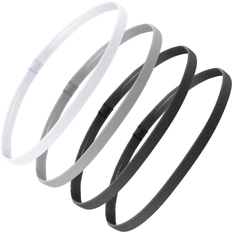 Bememo 4 Pieces Thick Non-Slip Elastic Sport Headbands Hair Headbands for Women and Men (Black, Gray, White)