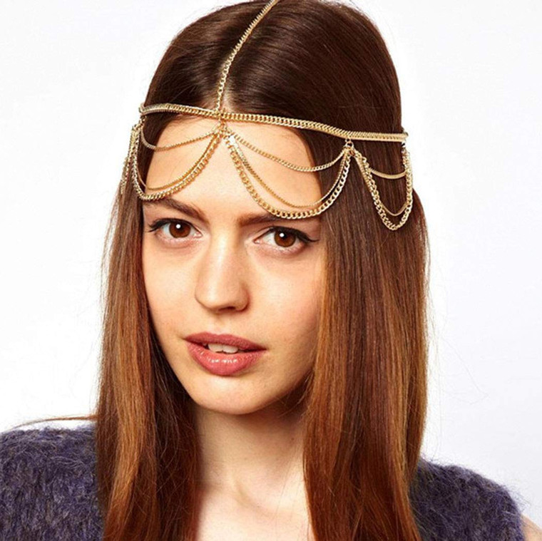 Gangel Gold Head Chain Fashion Hair Piece Elegant Gypsy Pendant Delicate Hair Chain Vintage Head Piece Bohemian Wedding Prom Jewelry Accessories for
