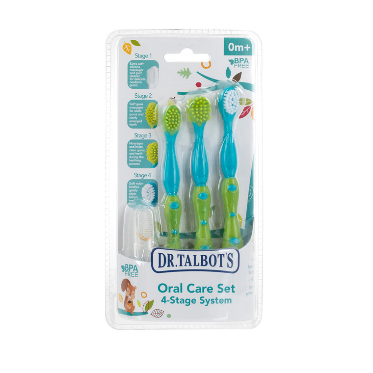Dr. Talbot's Oral Care Set with Stand; 4-Stage System with 1 Silicone Finger Massager, 2 Massaging Brushes, 1 Soft Nylon Bristle Toddler Toothbrush;