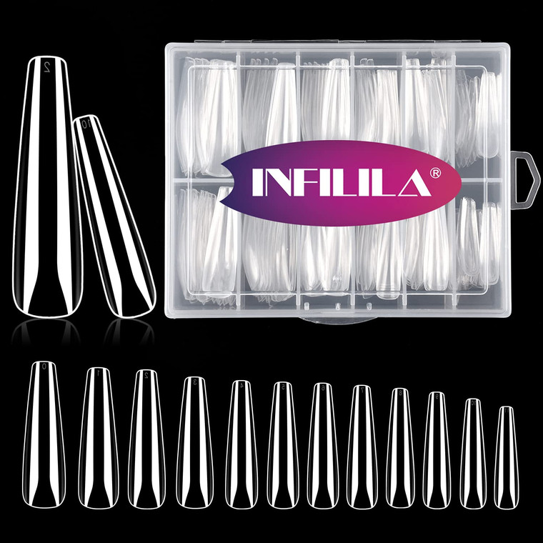 NXJ INFILILA Full Cover Coffin Nails Tips, 240PCS XL Press on Nails Clear Ballerina Shape Fake Artificial 12 Sizes with Storage Box, Professional Fal