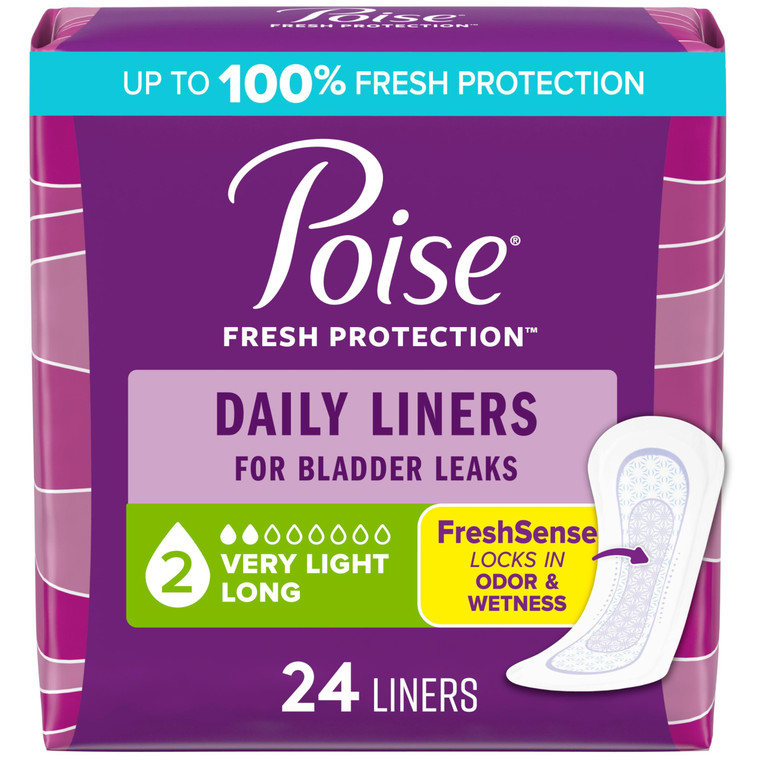 Poise Daily Liners, Incontinence Panty Liners for Bladder Leaks, 2 Drop Very Light Absorbency, Long Length, 24 Count of Pantiliners, Packaging May Va