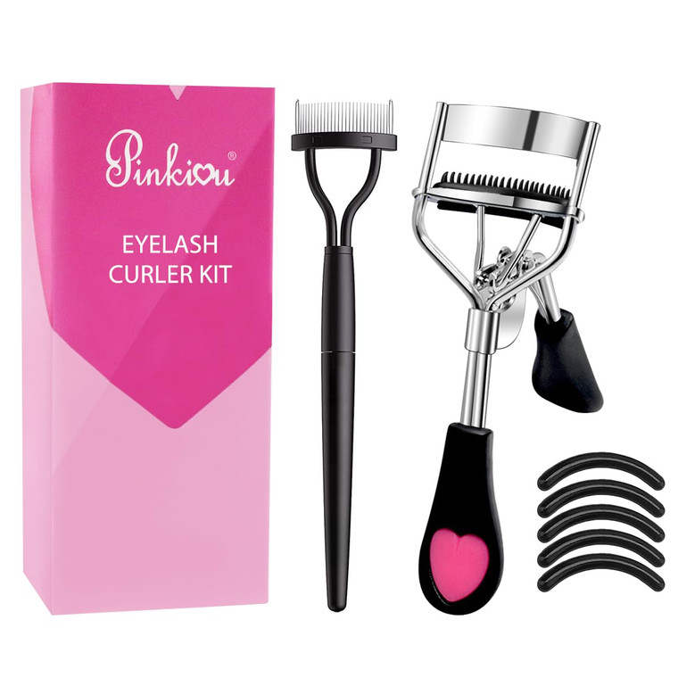Pinkiou Eyelash Curlers with Comb and Eyelash Separator Set Professional Lash Curler with Built-in Comb Ergonomic Heart-Shaped Handle and Eyelash Com