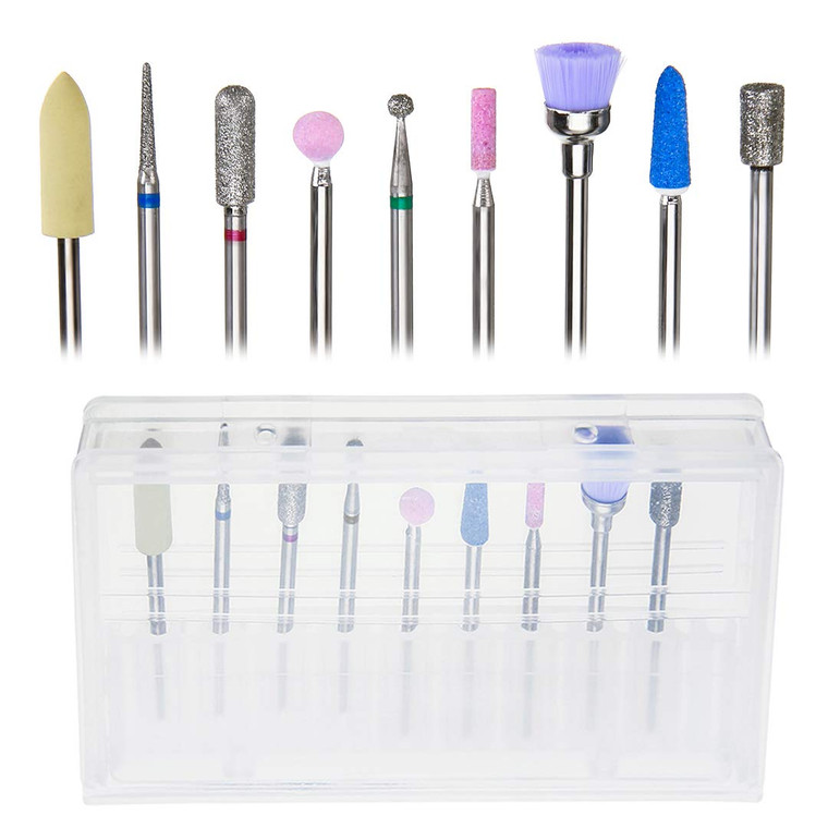 LANSEYQO Diamond Cuticle Nail Drill Bits Set 9Pcs, Rotary Burr Pedicure Tools Nail Files Electric Machine Accessory for Cuticle Clean Polishing, Nail