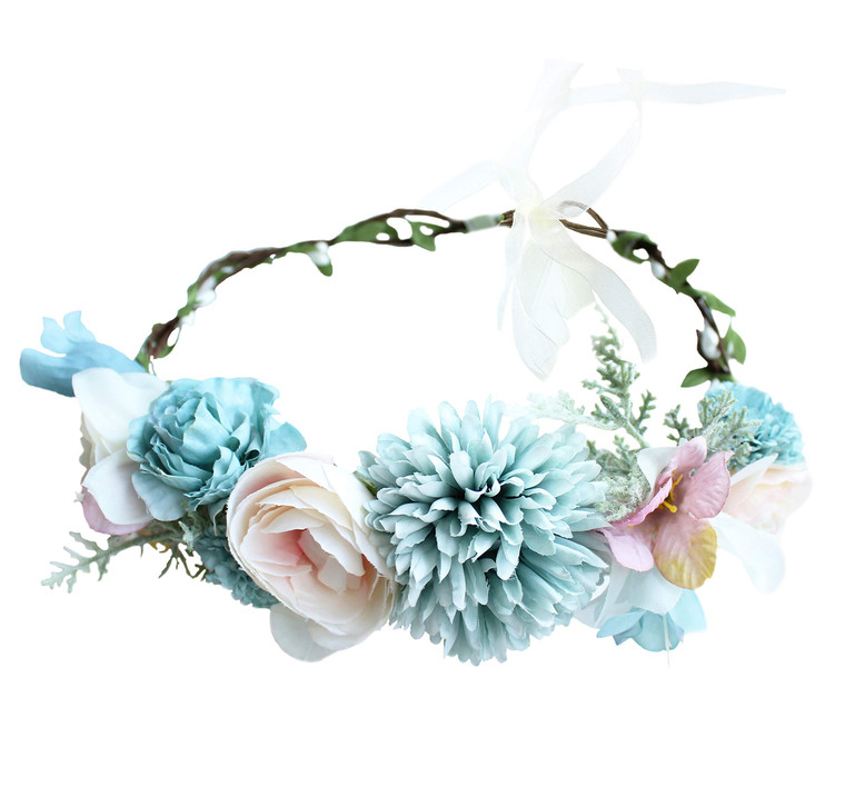 Vivivalue Boho Flower Headband Women Floral Crown Hair Wreath Flower Headpiece Halo with Ribbon Wedding Party Festival Photos Blue