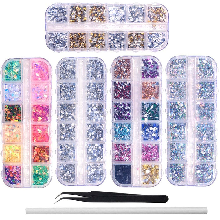 6400pcs Nail Art Rhinestones, Nail Crystal Gems Nail Diamonds, Gold Silver Nail Studs Colorful Nail Sequins & Rhinestones for Nails Kit with Tweezers