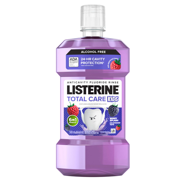 Listerine Total Care Kids Mouthwash, ADA Accepted, Alcohol Free Anticavity Sodium Fluoride Mouthwash, Kids' Oral Rinse for Cavity Protection, Berry F