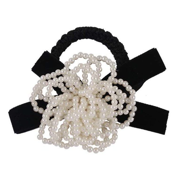AKOAK 1 Pack Pearl Camellia Scrunchie - Black Ribbon Hair Tie, Elastic Rubber Band Ponytail Holder with Bow Headband Hair Accessories for Women and G