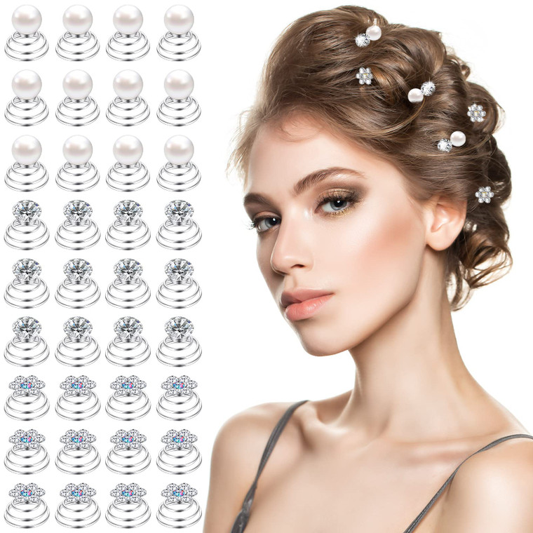 36 Pieces Spiral Hair Pins Gems Rhinestones for Hair Accessories Pearl Pin for Wedding Crystal Twister with Silver Coil Jewelry Clip for Wedding Brid