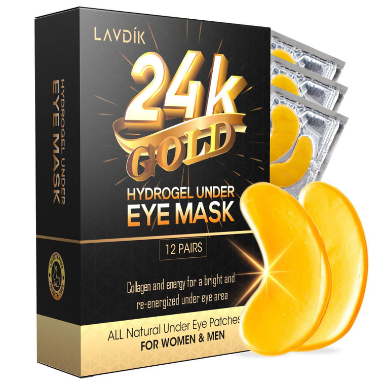LAVDIK Under Eye Patches, 24K Gold Eye Mask - 12 Pairs, Collagen Eye Patch for Puffy Eyes and Dark Circles and Anti-Aging, Deep Moisturizing Eye Trea