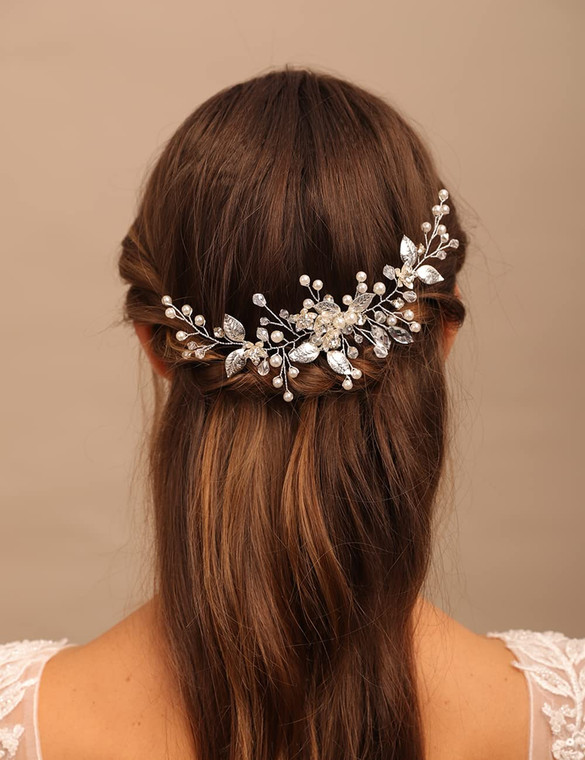 Teyglen Silver Leaf Crystal Hair Side Comb - Vintage Leaf Rhinestone Headpieces - Bridal Pearl Crystal Hair Pieces - Wedding Hair Accessories for Wom