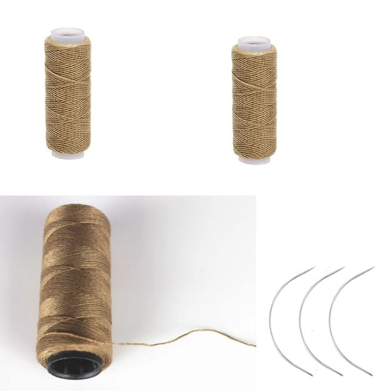 3 Rolls Cotton Sewing Thread Hair Weaving Thread Making Wig Hair Extension Hair Salon Weft Thread Black Brown Beige Thread with 3 Curved Needles (Kha