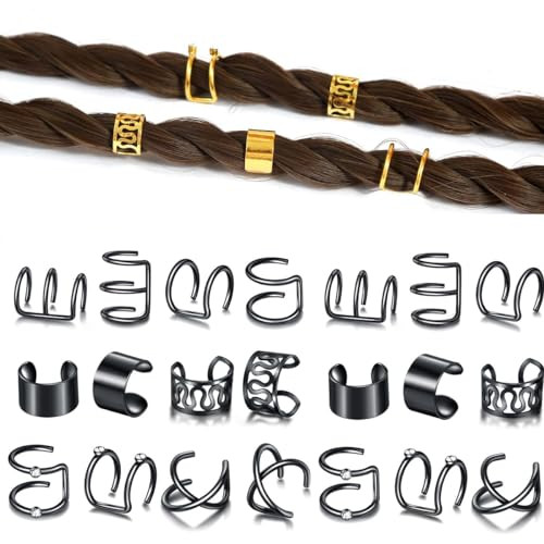 24 Pcs Silver Hair Braids Clip Dreadlock Hair Non-Piercing Ear Clip Beard Beads Cuffs for Women Men Hair Accessories Styling Jewelry Tools Party Deco