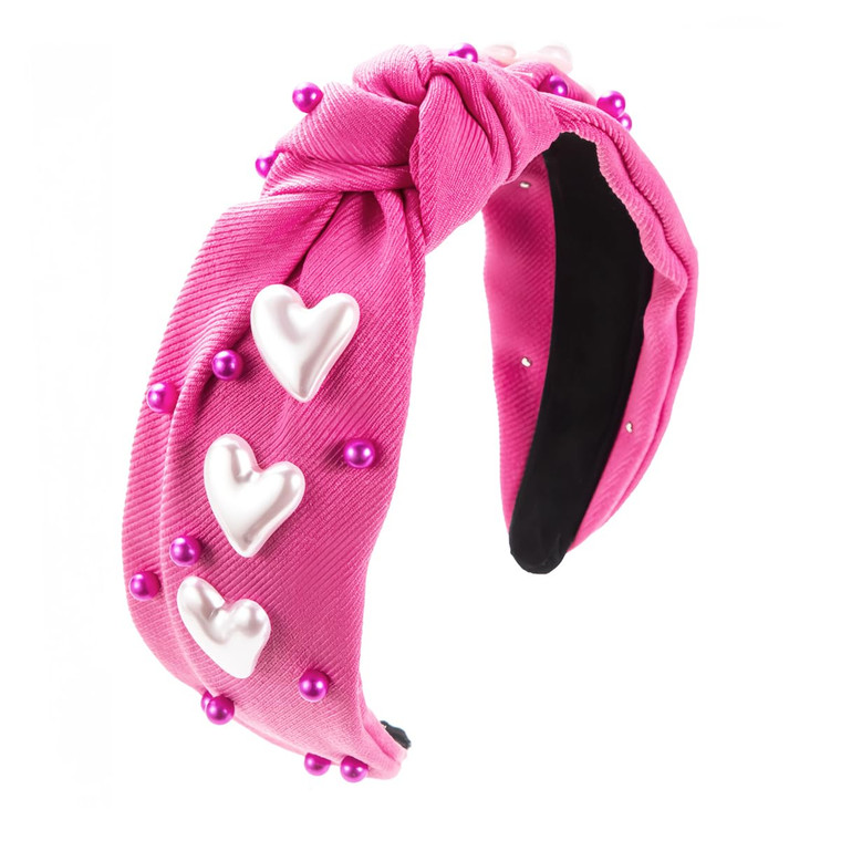 Doneace Valentines Day Rhinestone Headband for Women Girls, White Heart Love Knotted Hairband Cute Fashion Pink Pearl Jeweled Wide Top Knot Headbands