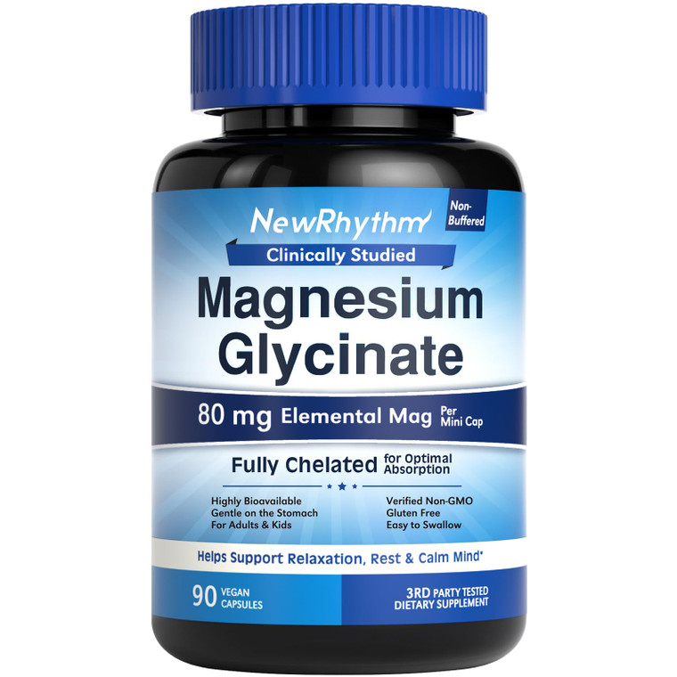 NewRhythm Magnesium Glycinate, 80mg Elemental Mag Per Cap, Fully Chelated, Highly Absorbable, Gentle on The Stomach, Support Rest & Mood, for Adults
