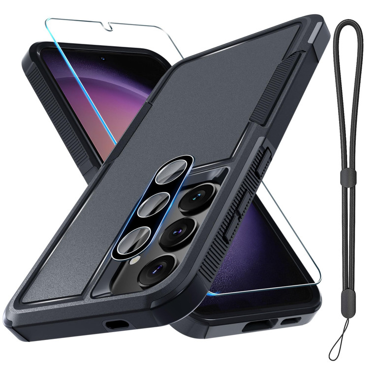 RMOCR Case for Samsung Galaxy S24 FE, Full Body Heavy Duty Rugged Shockproof Protective Phone Cover with Lanyard Strap, Tempered Glass Screen Protect