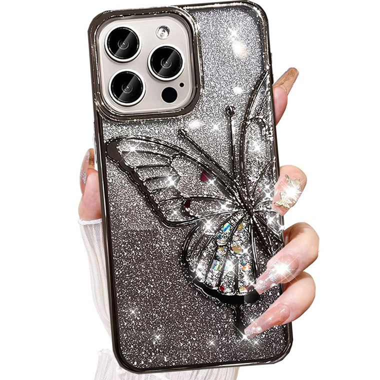Changjia for iPhone 16 Pro Max Glitter 3D Butterfly Case,Cute Luxury Bling Sparkly Liquid Flowing Case Soft TPU Plating Bumper Shockproof Women Girls