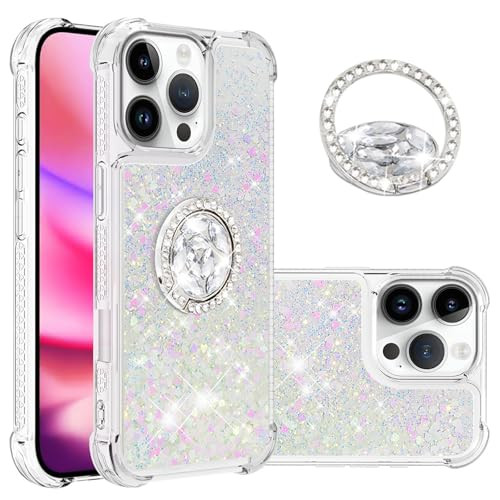 QIVSTAR Case for iPhone 16 Pro Max with Ring Kickstand, Sparkle Sequin Floating Quicksand Solid Clear TPU Silicone Shockproof Phone Cover for iPhone