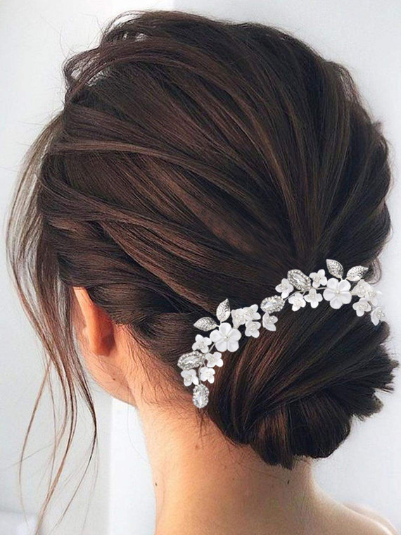 Heread Flower Bride Wedding Hair Pins Silver Crystal Bridal Head Piece Leaf and Pearl Hair Accessories for Women and Girls (Pack of 2)