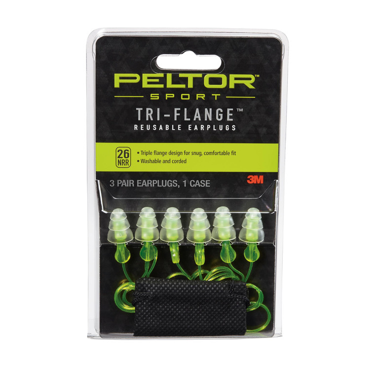Peltor Sport Tri-Flange Corded Reusable Earplugs, 3 Pair, Noise Reduction Rating (NRR) 26 dB, Comfortable Fit, Ideal For Range, Shooting & Hunting, W