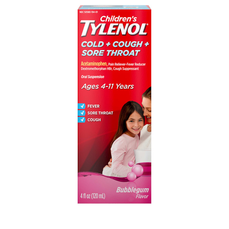 Children's Tylenol Cold, Cough & Sore Throat Oral Suspension, Kids Liquid Medicine, Acetaminophen Pain Reliever & Fever Reducer & Dextromethorphan C