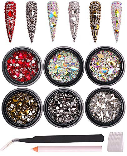 6 Pack Mixed Nail Art Rhinestone Nail Art Decorations Accessories Flat Base Nail Jewelry Glass Rhinestone Crystal Best for Manicure DIY Mobile Phone