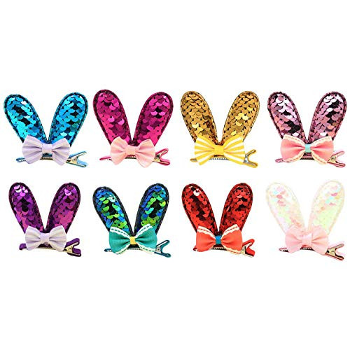 BinaryABC Easter Bunny Rabbit Ears Bow Hair Clips Hairpins Barrette,Easter Party Hair Accessory,Easter Party Supplies,8Pcs(Mixed Color)
