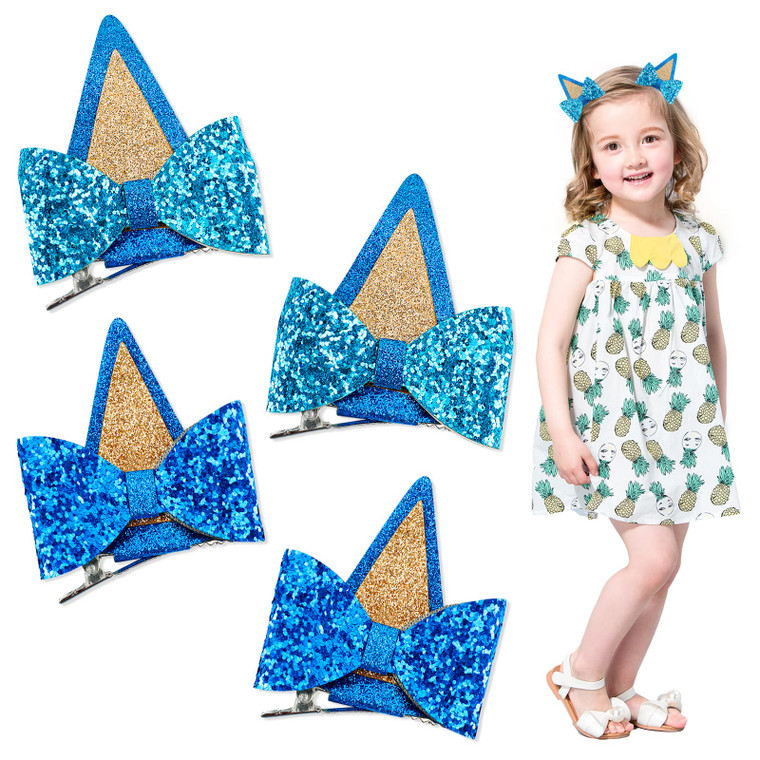 4 Pcs Bluey Ears Hair Clips, Glitter Hair Barrettes with Bows, Blue Birthday Decorations Girl, Hair Pin Barrettes Hair Accessories for Theme Party Su