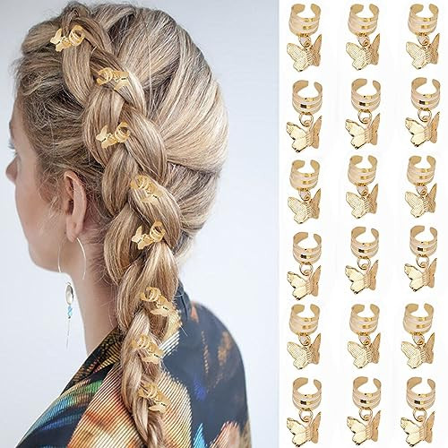 20 Pcs Gold Butterfly Hair Cuffs Dreadlock Beads Adjustable Metal Pendants Braids Clips Women Girls Hair Accessories Jewelry Decorations Charms Party