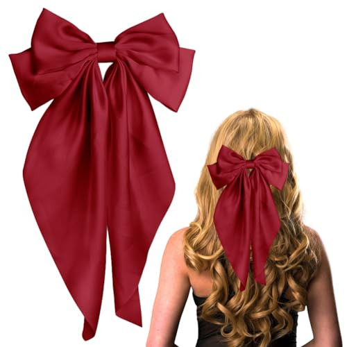 TULOBI Big Bow Barrettes Long Tail French Hair Bow Silky Satin Metal Hair Clip Hair Bowknot Clips Accessories for Women Girls (Red 1pc)
