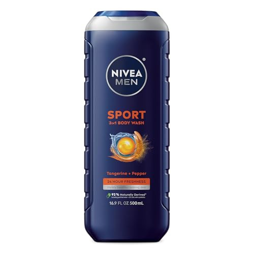 NIVEA Men Sport Body Wash with Revitalizing Minerals, Tangerine and Pepper Scent, 3-in-1 Men's Body Wash, Face and Hair, Paraben Free, Vegan Formula,