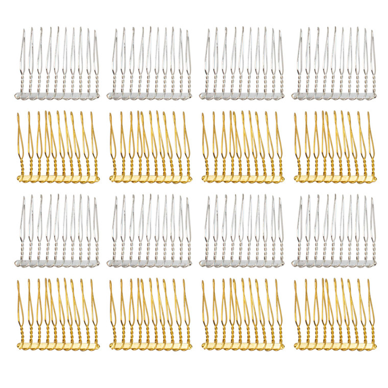 AUEAR, 20 Pack 10 Teeth Metal Veil Comb Hair Wire Clips Twist Bridal Wedding Combs Silver Gold
