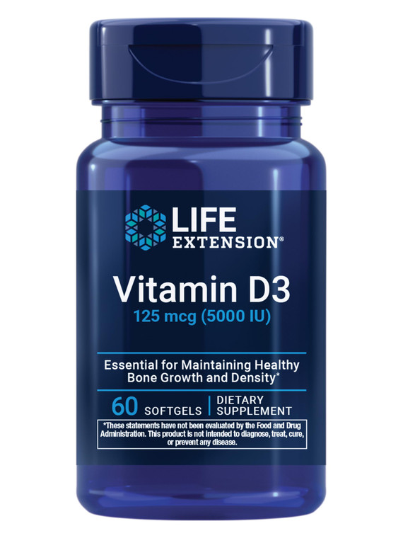 Life Extension Vitamin D3 125 mcg (5000 IU), Bone Health, Brain Performance, Immune System Support, Gluten-Free, Non-GMO, Once Daily, Two-Month Suppl