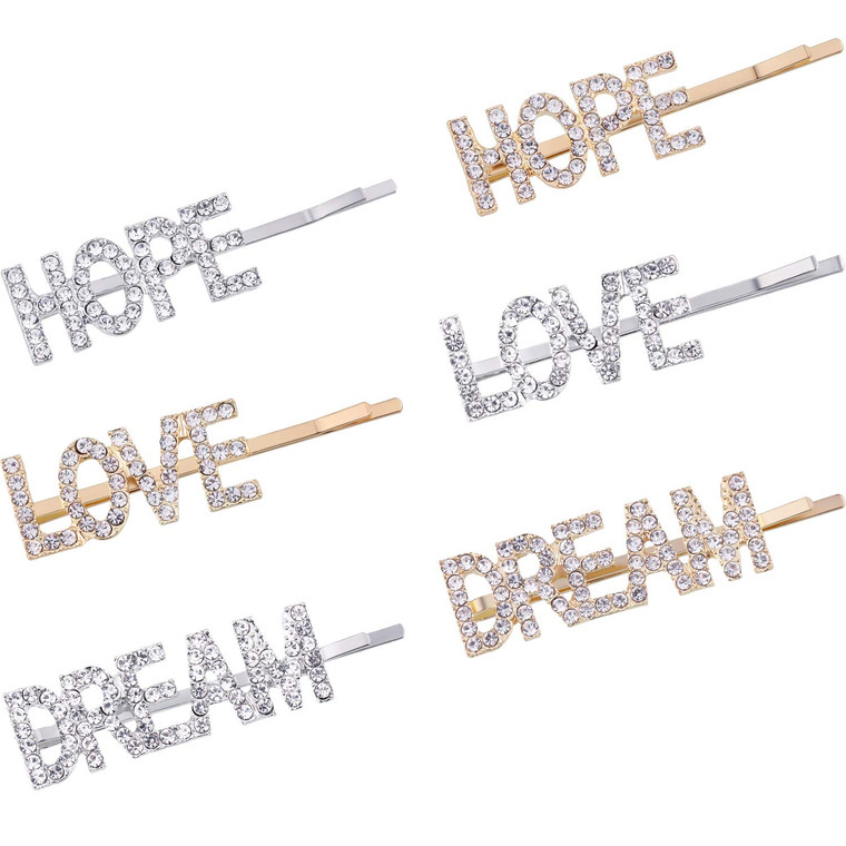 Chinco 6 Pieces Word Letter Hair Clips Rhinestones Hair Barrettes Crystal Bobby Pins for Women Accessories