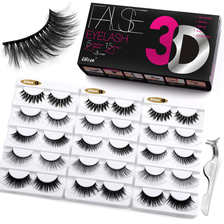 Eliace 3D Mink Lashes Natural Look 5 Mixed Styles 15 Pairs Fake Eyelashes Bulk Pack Handmade Luxurious Volume Fluffy Natural Eyelashes Comfortable an