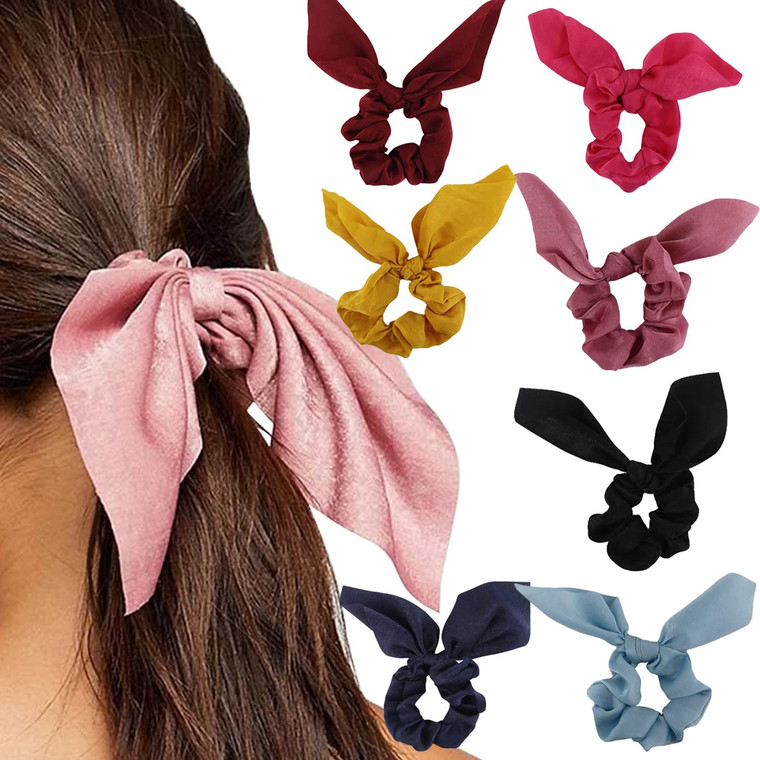 Bow Scrunchies For Long Hair - 8 Pcs Chiffon Satin Scrunchies Silk With Bow Scarf, Solid Stripe Flower Color Bow Scrunchies, Ponytail Holder With Tai