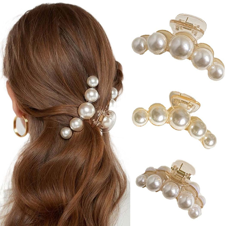 Urieo 3PCS Large Pearl Hair Claw Clips Nonslip Acrylic Hair Barrette Jaw Clamp for Thick Hair Strong Hold Hair Clip Hair Accessories for Women and Gi