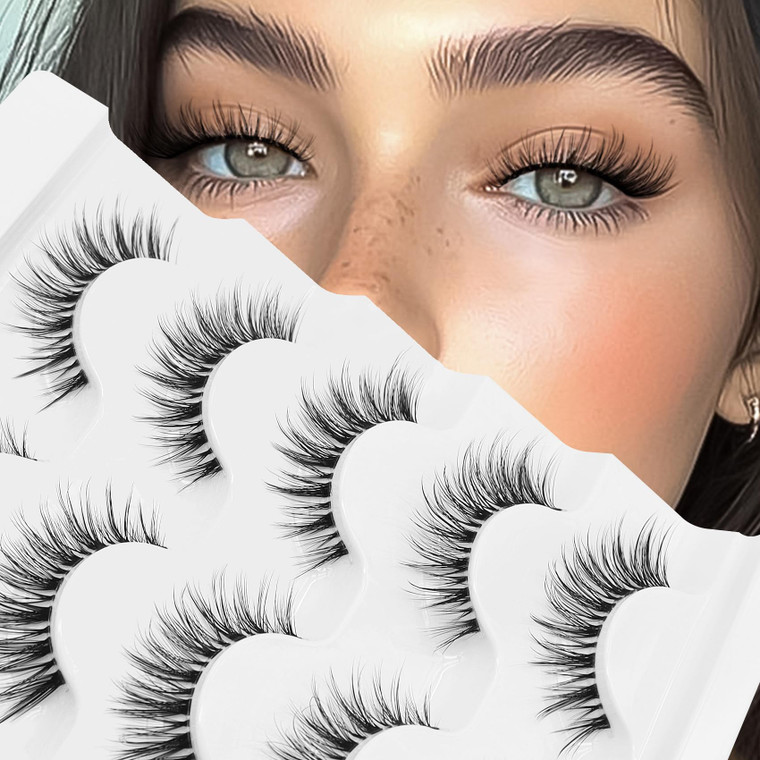 Veleasha Lashes Wispy False Eyelashes 100% Handmade Eyelashes Natural Look Fake Lashes Lightweight Lashes with Soft Clear Band 5 Pairs Pack (G2)