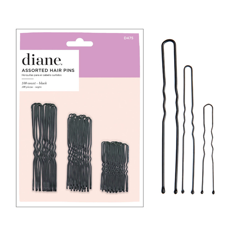 Diane Hair Pins for Women Bulk Pack of 100 Assorted Sizes Jumbo 3, Large 2.5, Medium / Small 1.75 - Black, Crimped Design with Ball Tips, D475-100 Co