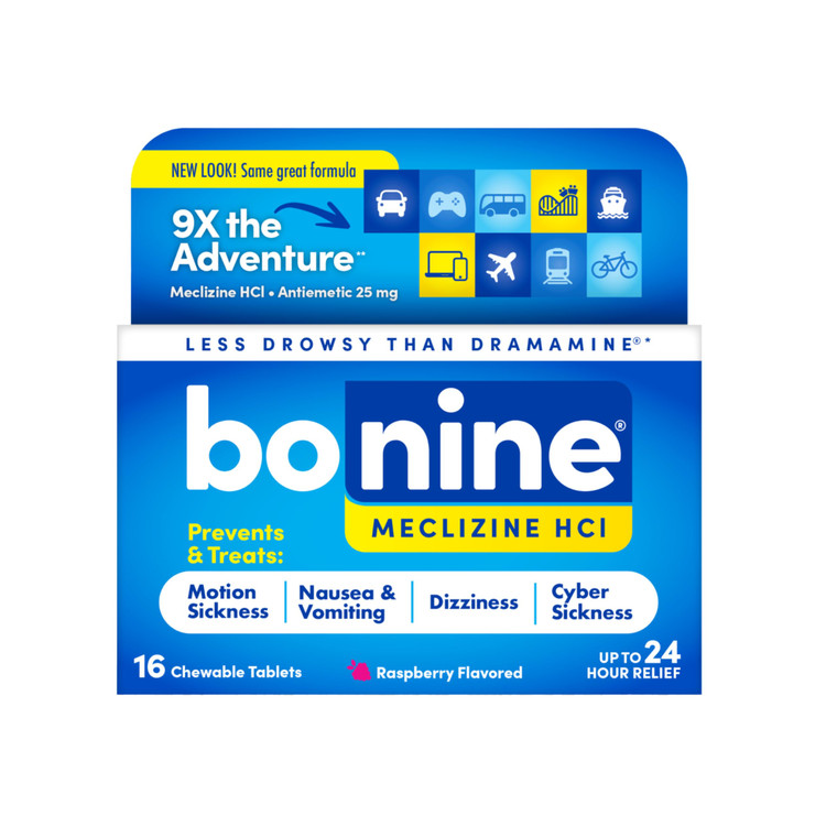 Bonine Non-Drowsy for Motion Sickness Relief, Sea Sickness, Car Sickness, Nausea, & Vomiting - Meclizine HCI 25mg, Travel-Sized - 16ct Raspberry Chew