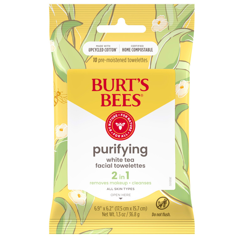 Burt's Bees Purifying Facial Towelettes With White Tea, Pre-Moistened Towelettes for All Skin Types, 99.1 Percent Natural Origin Skin Care, 10 ct. Pa