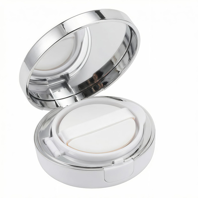 White Silver Luxurious Edge 15g/0.5oz Empty Air Cushion Puff Case, Portable Makeup Powder Container with Mirror Sponge Puff & Extra Inner Container f