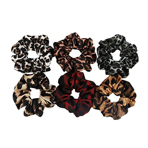 6 Pack Bright Colors Leopard Print Hair Scrunchies Hair Bobbles Elastics Ponytail Holders Hair Wrist Ties Bands Cloth Scrunchies for Show Gym Dance P