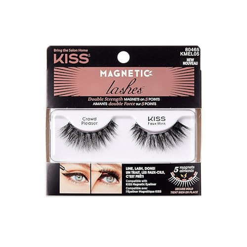 KISS Magnetic Lashes, Crowd Pleaser, 1 Pair of Synthetic False Eyelashes With 5 Double Strength Magnets, Wind Resistant, Dermatologist Tested Fake La