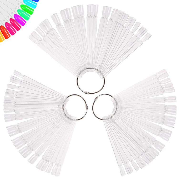 150 Pcs Clear Nail Swatch Sticks with Ring, Fan Shape Nail Art Polish Display Tips, False Nail Sample Sticks, Nail Practice Color Display, Transparen