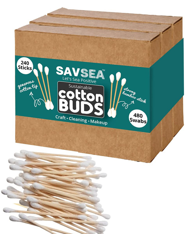 SAVSEA Bamboo Cotton Buds,Swabs, 239 Stems, 480 Swabs (Pack Of 3), Multipurpose Double Tip Cotton Swab Buds For Makeup Applicator, Correction, Remova