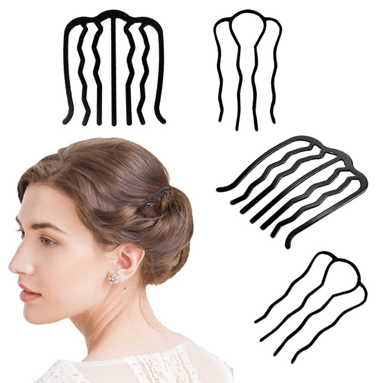4 Pcs Hair Side Combs Hair Fork Clip Black Hair Pins for Buns Updo Hair Sticks French Twist Hair Tool Alloy Hair Clips Grips for Women Hair Styling T