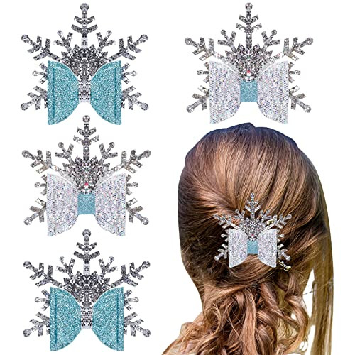 Whaline 4Pcs Christmas Snowflake Hair Clips Glitter Bow Blue Snowflake Pu Leather Hair Accessories for Girls Toddlers Teens Christmas Party